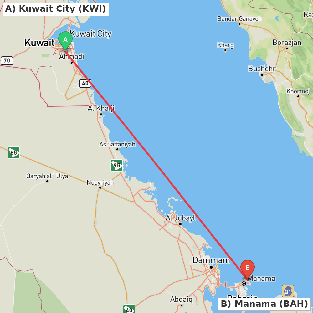 Flight route map from Kuwait City to Manama
