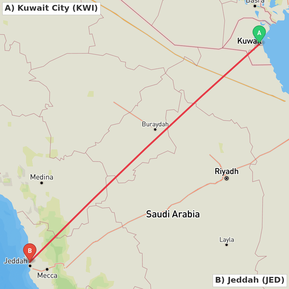 Flight route map from Kuwait City to Jeddah