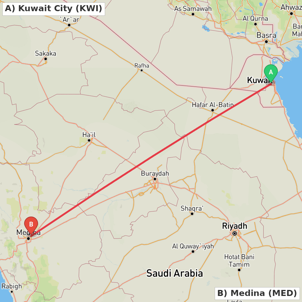 Flight route map from Kuwait City to Medina