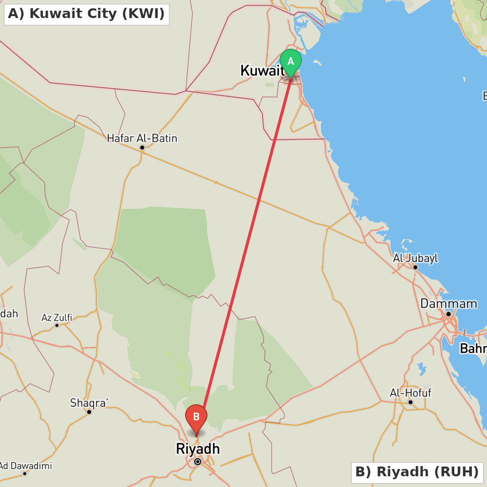 Flight route map from Kuwait City to Riyadh
