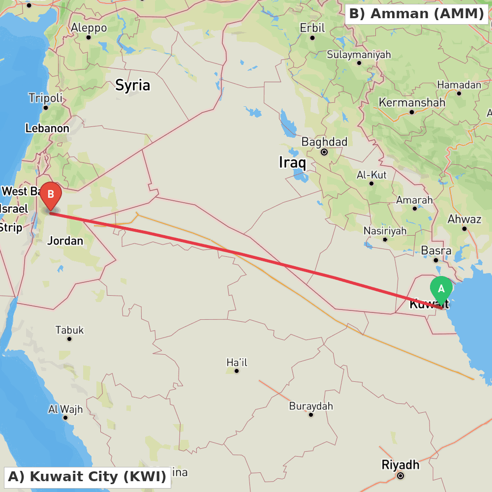 Flight route map from Kuwait City to Amman