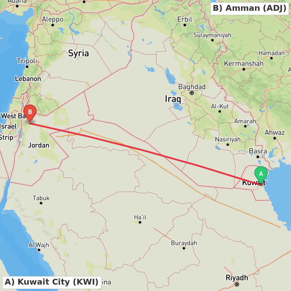 Flight route map from Kuwait City to Amman