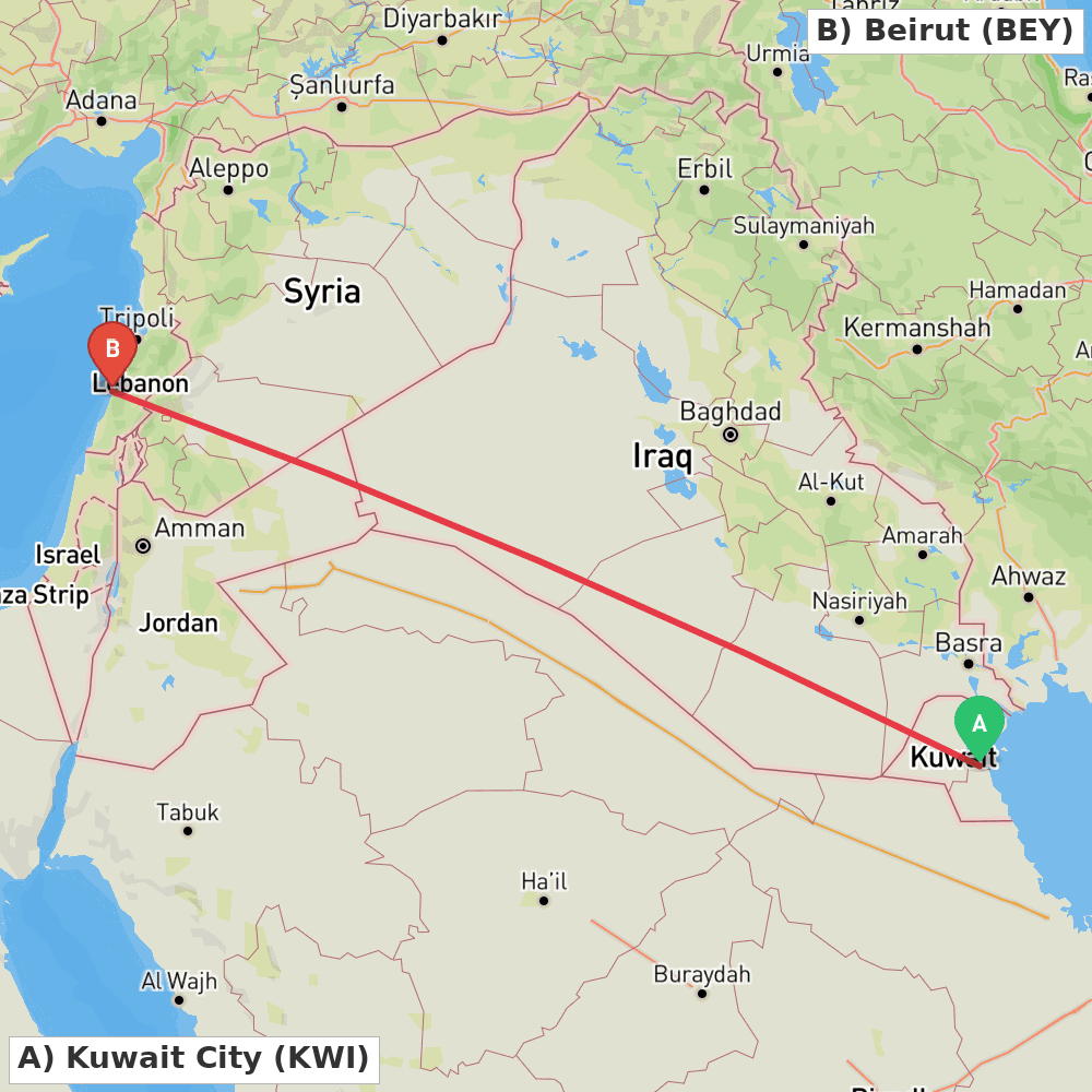 Flight route map from Kuwait City to Beirut