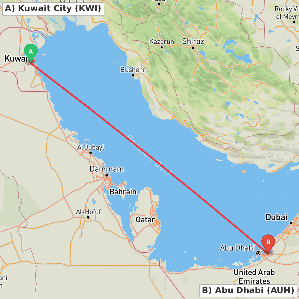 Flight route map from Kuwait City to Abu Dhabi