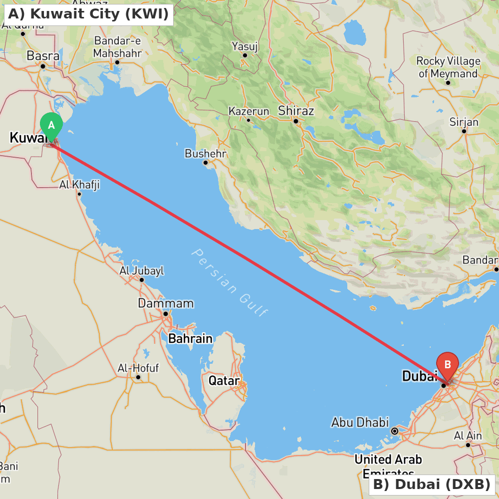 Flight route map from Kuwait City to Dubai