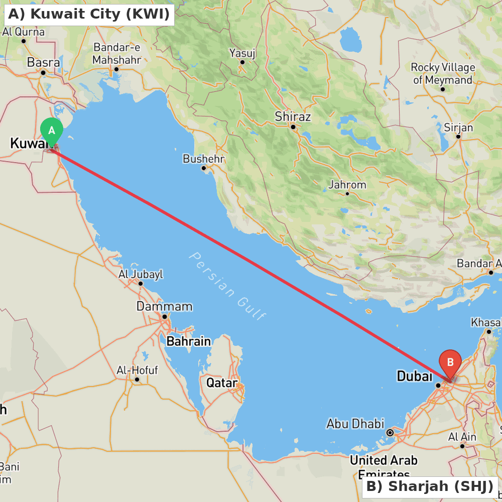 Flight route map from Kuwait City to Sharjah
