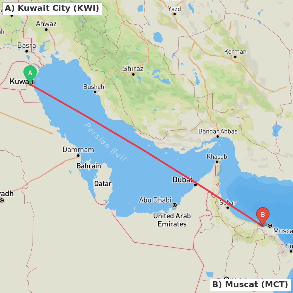 Flight route map from Kuwait City to Muscat