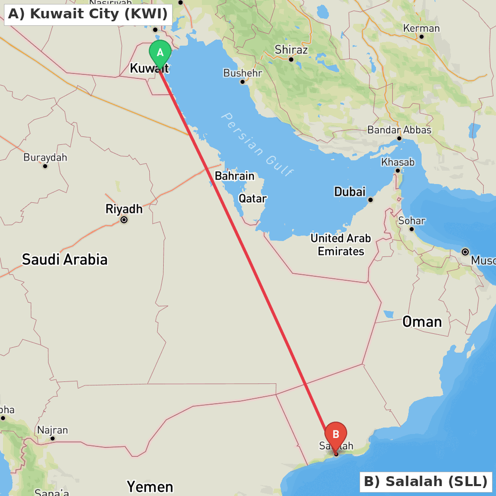 Flight route map from Kuwait City to Salalah