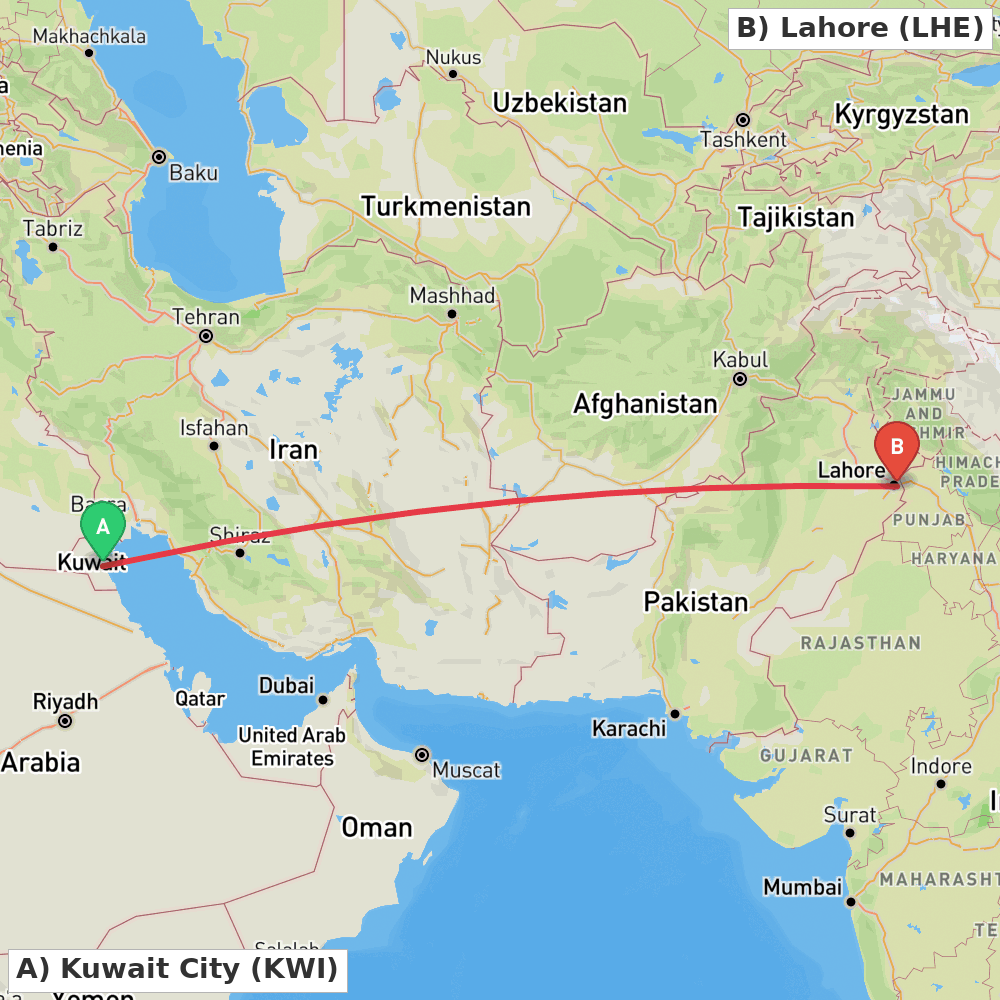Flight route map from Kuwait City to Lahore