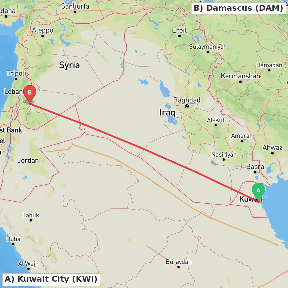 Flight route map from Kuwait City to Damascus