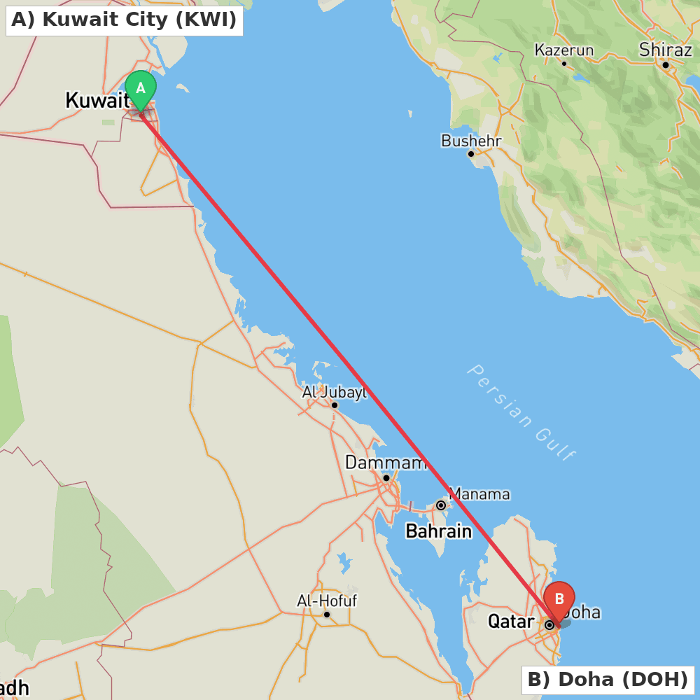 Flight route map from Kuwait City to Doha