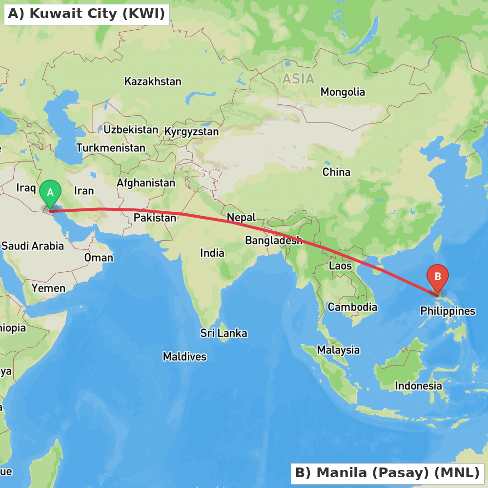 Flight route map from Kuwait City to Manila (Pasay)
