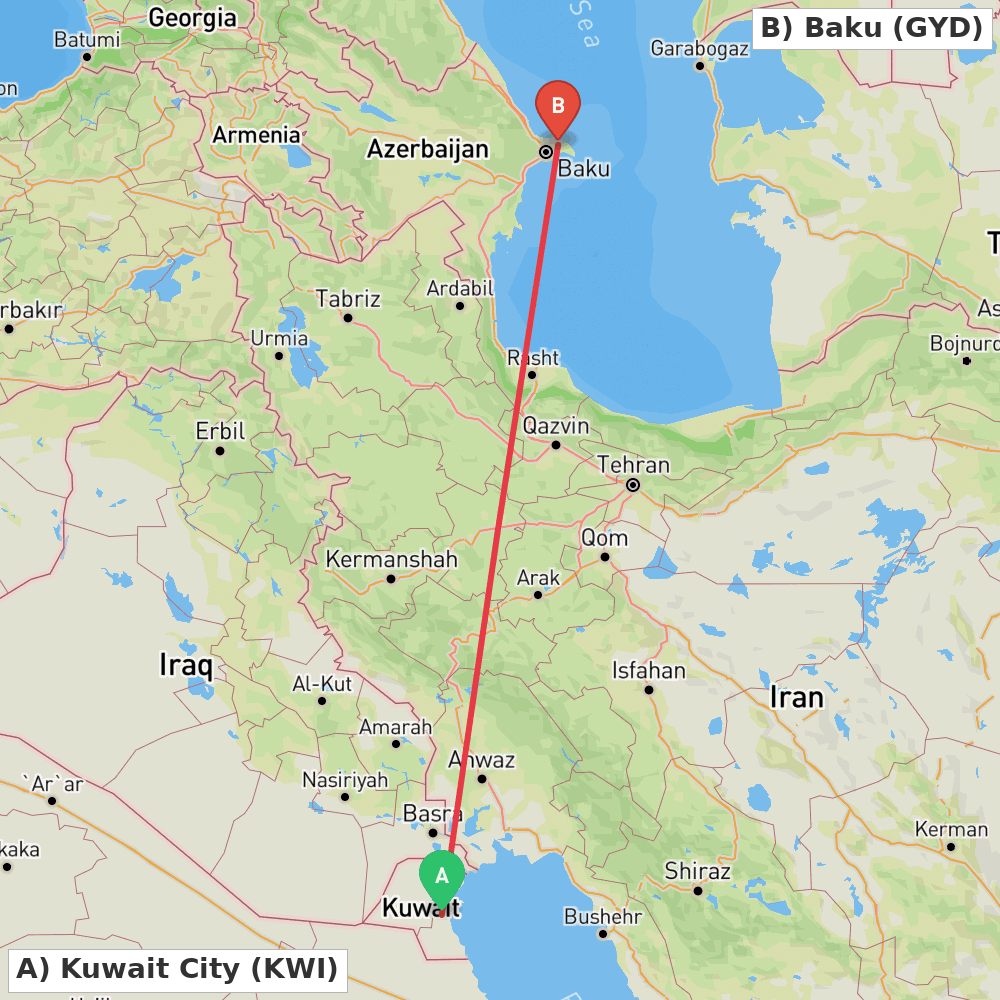 Flight route map from Kuwait City to Baku