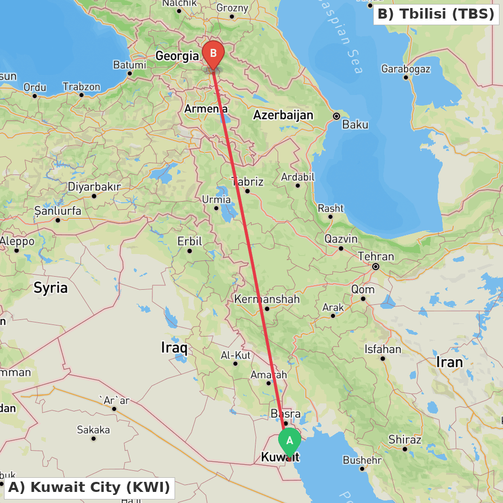 Flight route map from Kuwait City to Tbilisi