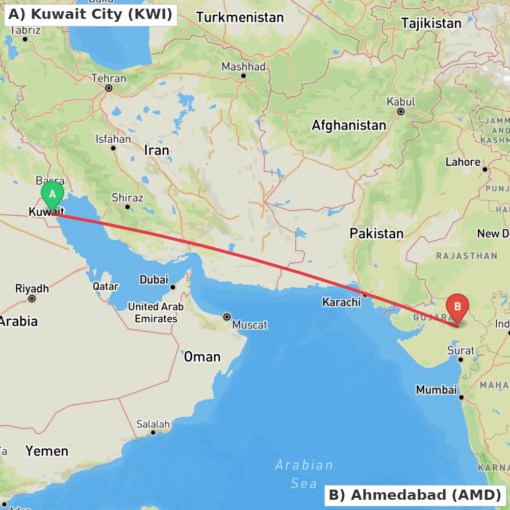Flight route map from Kuwait City to Ahmedabad