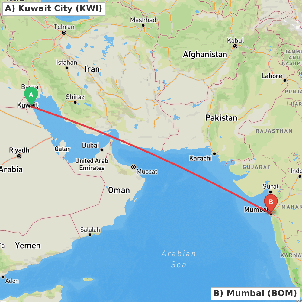Flight route map from Kuwait City to Mumbai