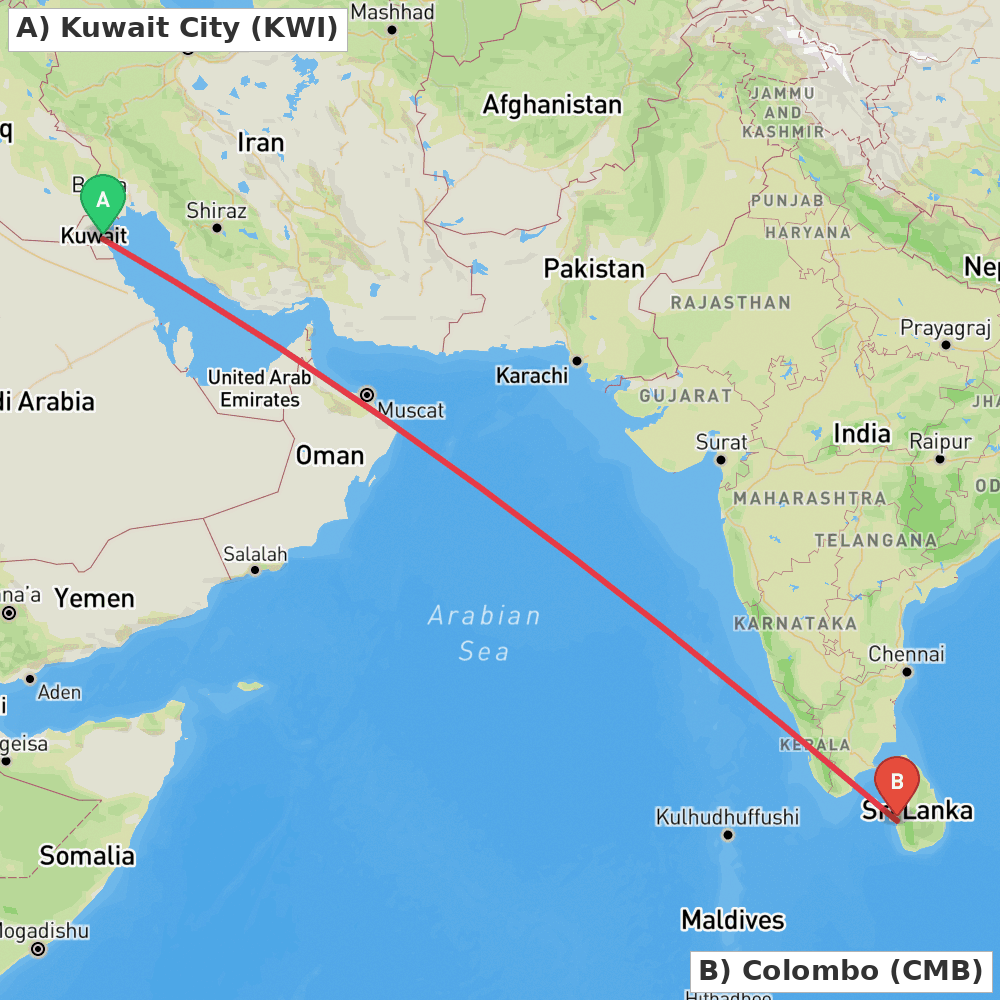 Flight route map from Kuwait City to Colombo