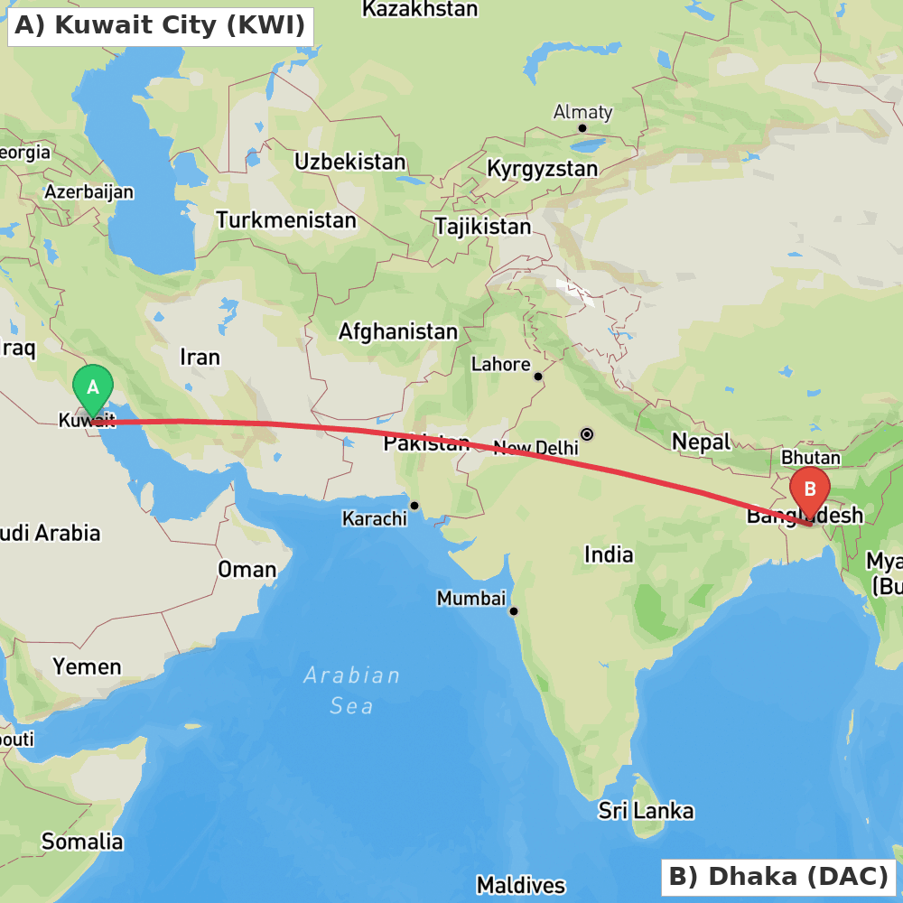 Flight route map from Kuwait City to Dhaka