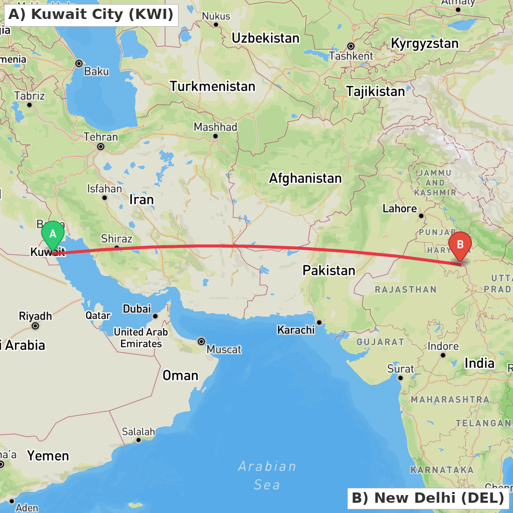 Flight route map from Kuwait City to New Delhi