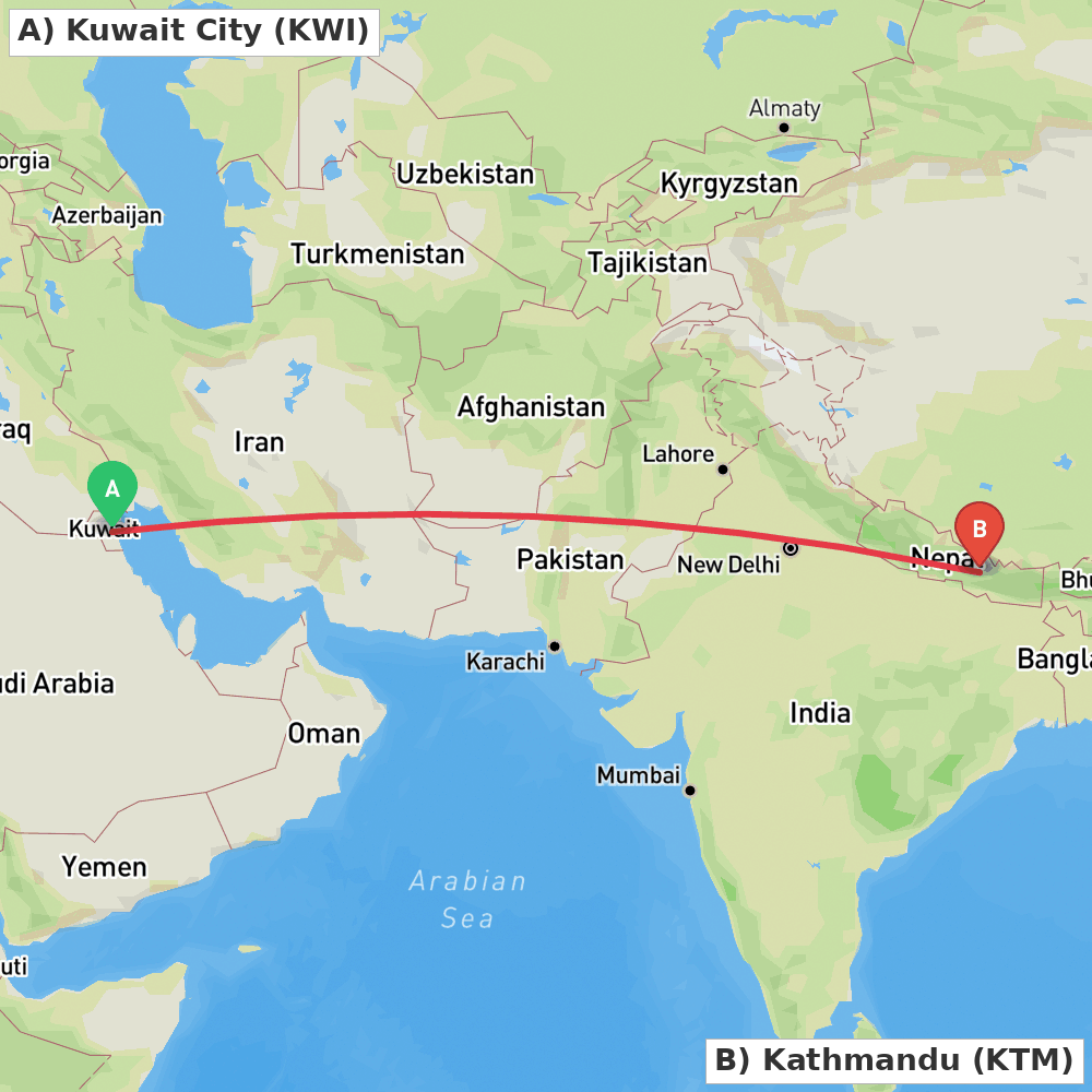 Flight route map from Kuwait City to Kathmandu
