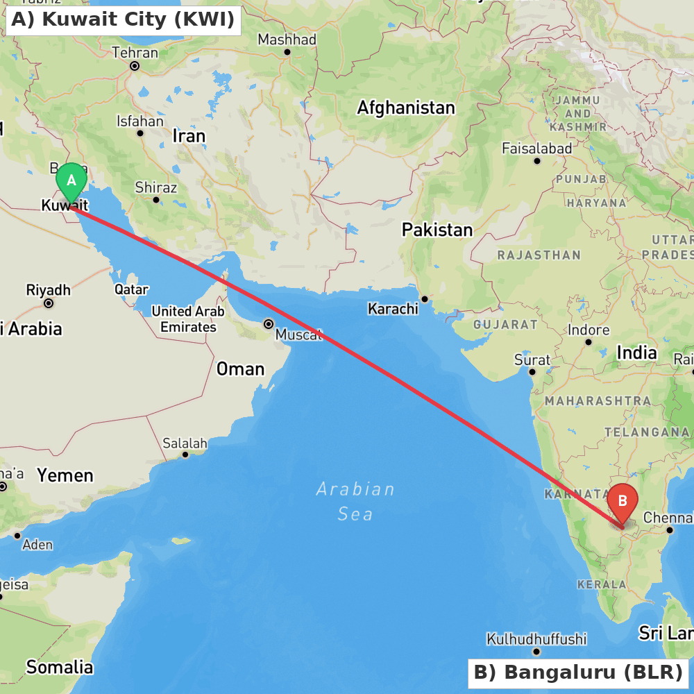 Flight route map from Kuwait City to Bangaluru