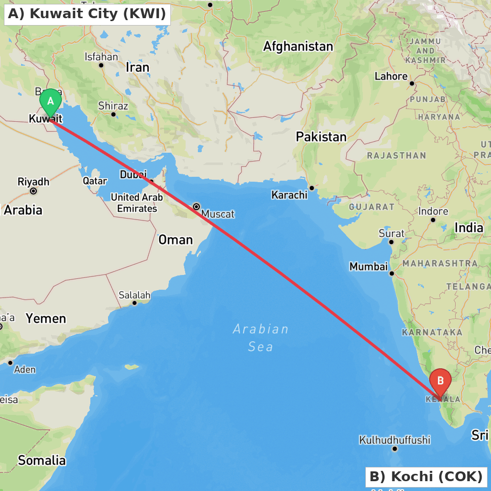 Flight route map from Kuwait City to Kochi