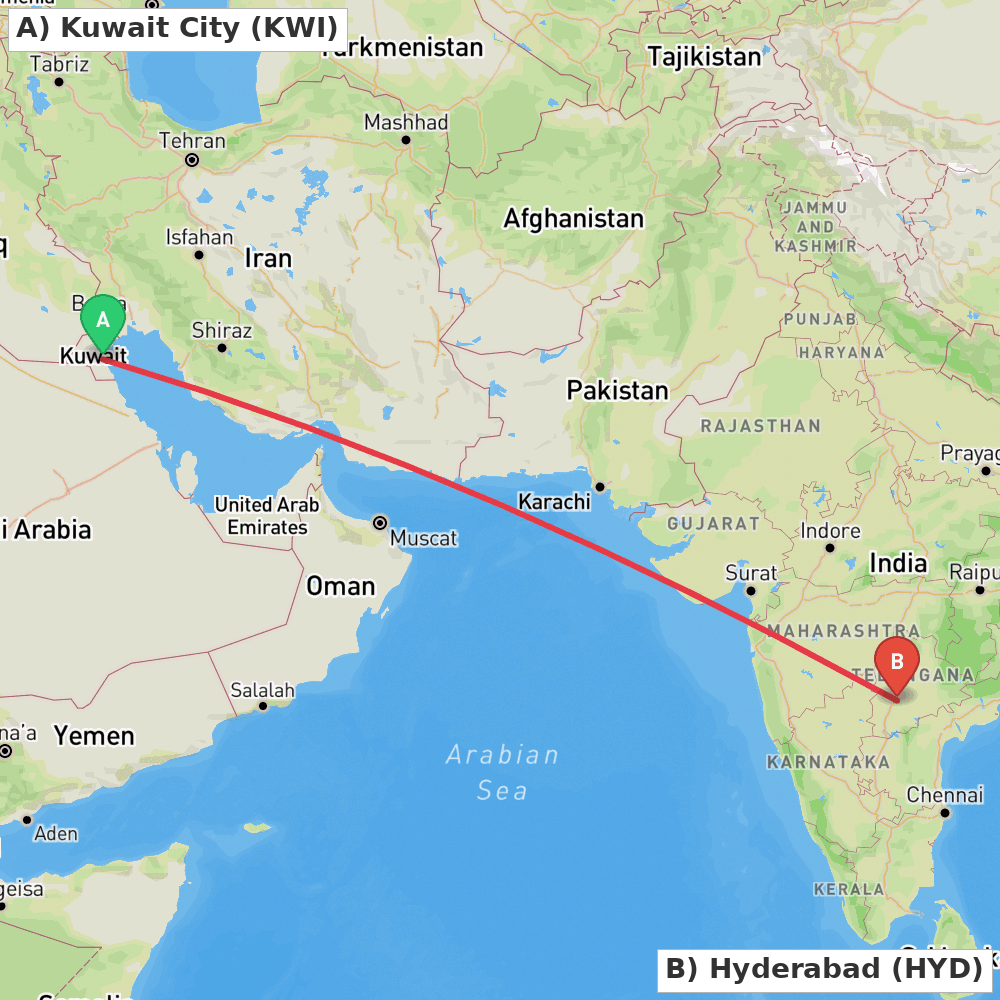 Flight route map from Kuwait City to Hyderabad