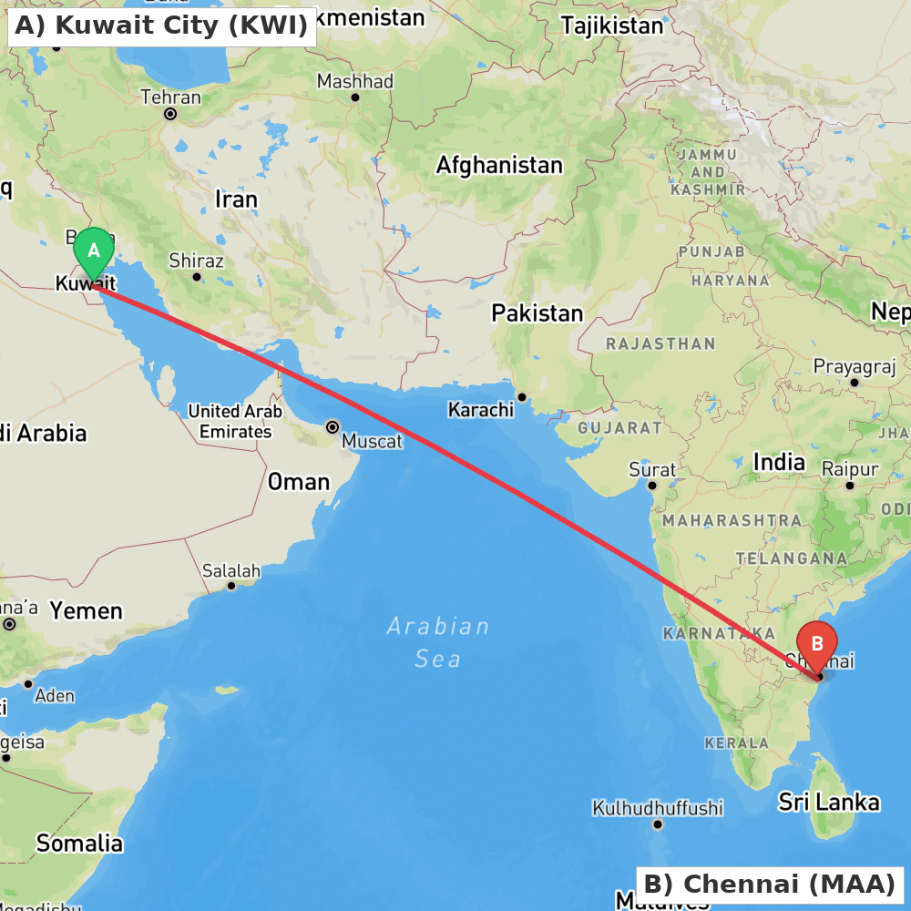 Flight route map from Kuwait City to Chennai