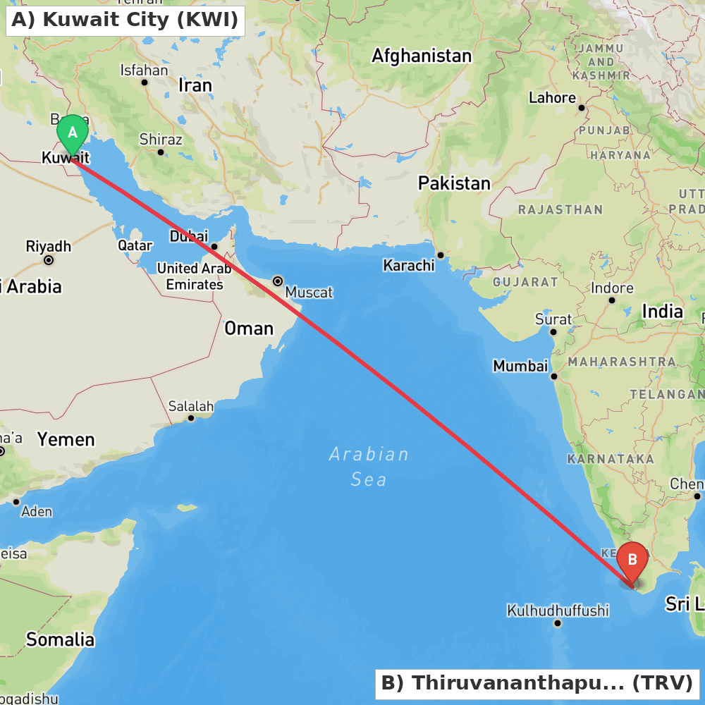 Flight route map from Kuwait City to Thiruvananthapuram