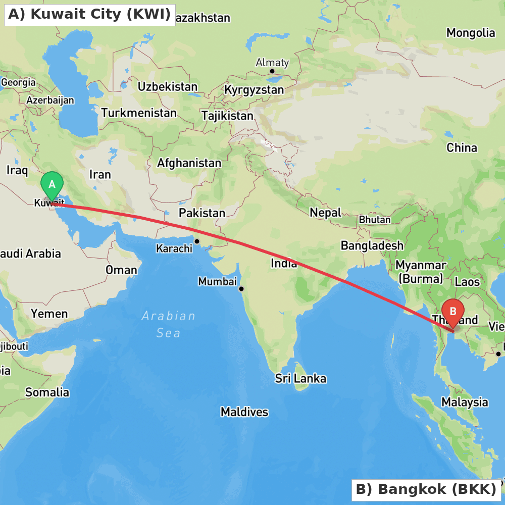 Flight route map from Kuwait City to Bangkok
