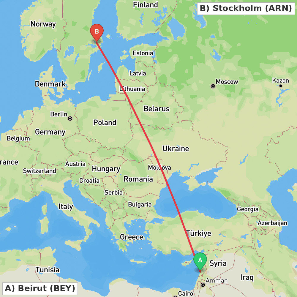 Flight route map from Beirut to Stockholm