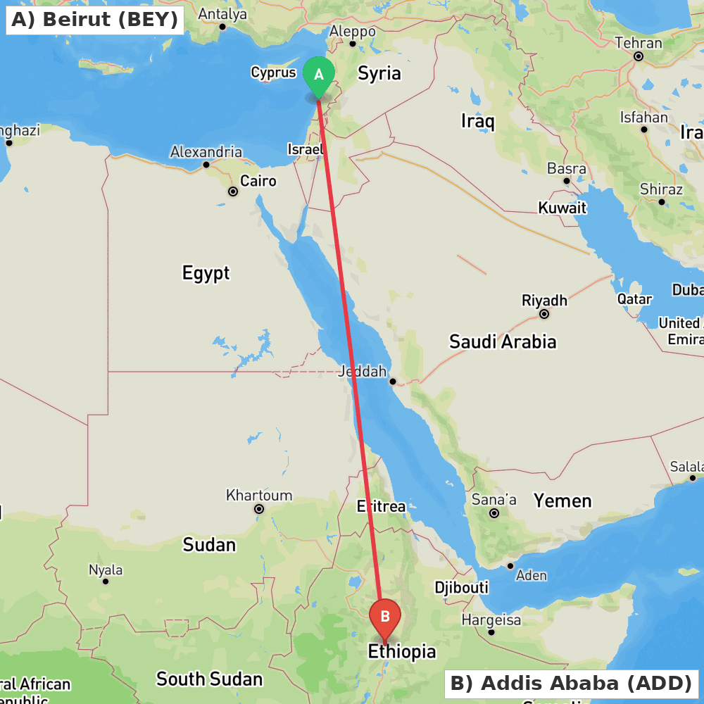 Flight route map from Beirut to Addis Ababa