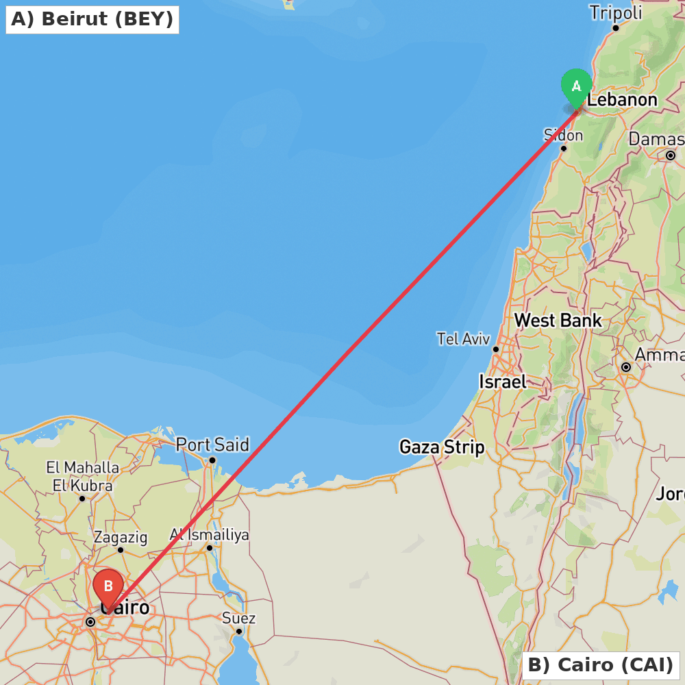 Flight route map from Beirut to Cairo