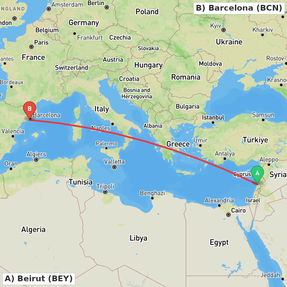 Flight route map from Beirut to Barcelona