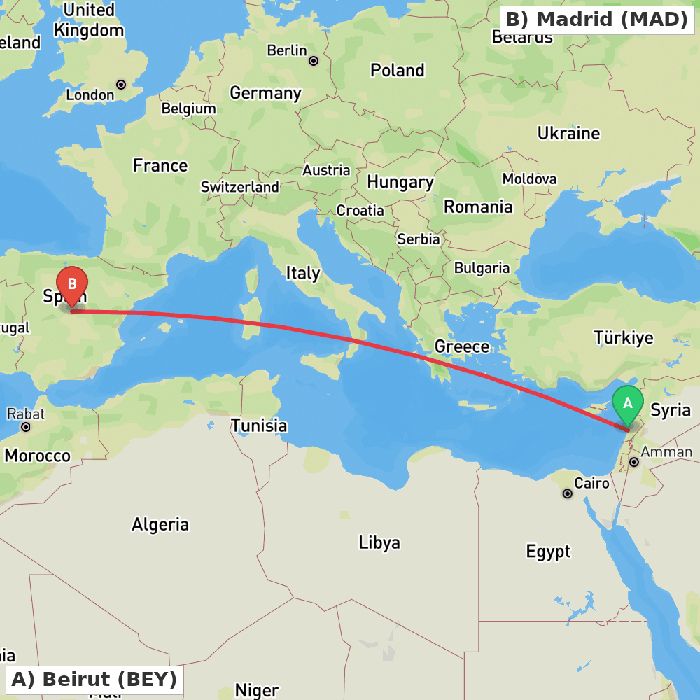 Flight route map from Beirut to Madrid