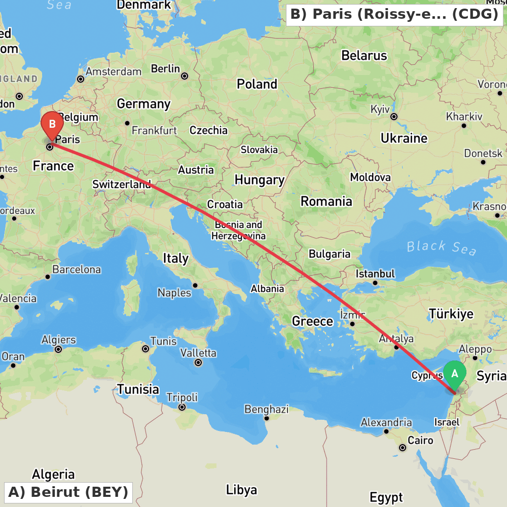 Flight route map from Beirut to Paris (Roissy-en-France, Val-d'Oise)