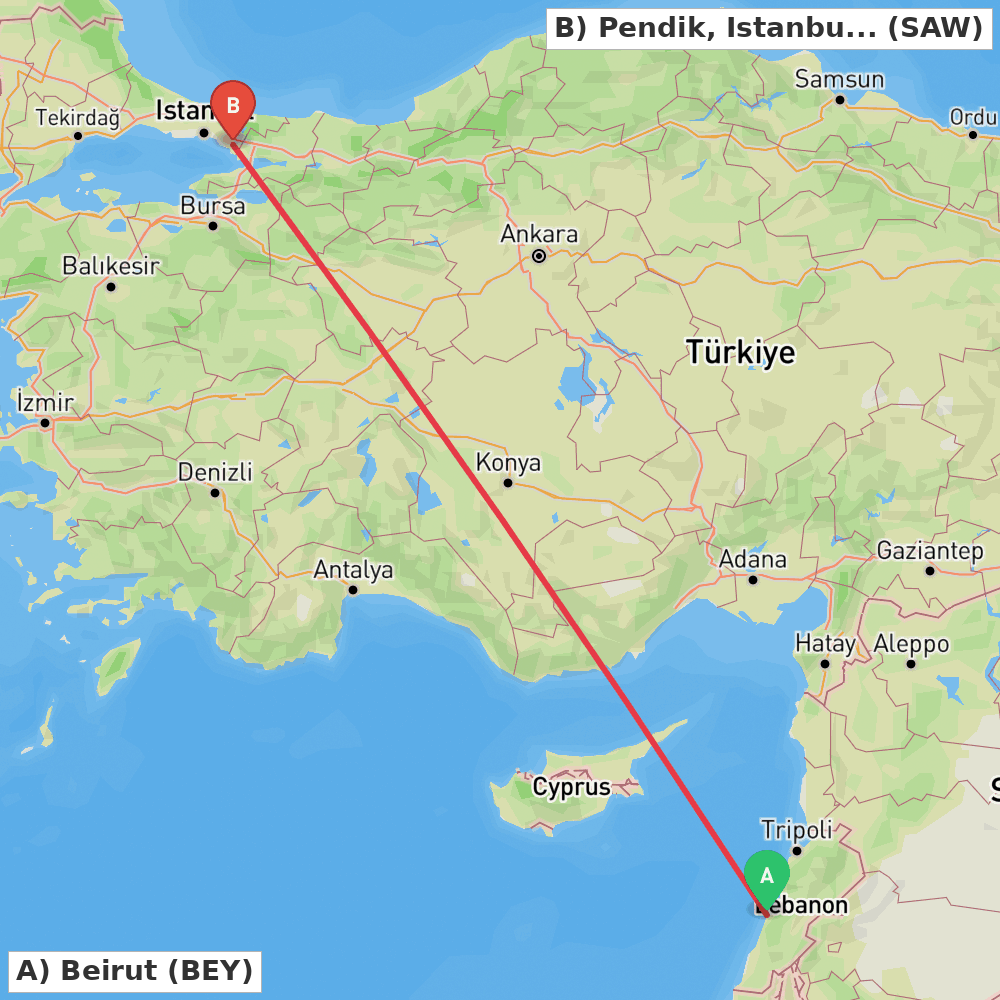 Flight route map from Beirut to Pendik, Istanbul