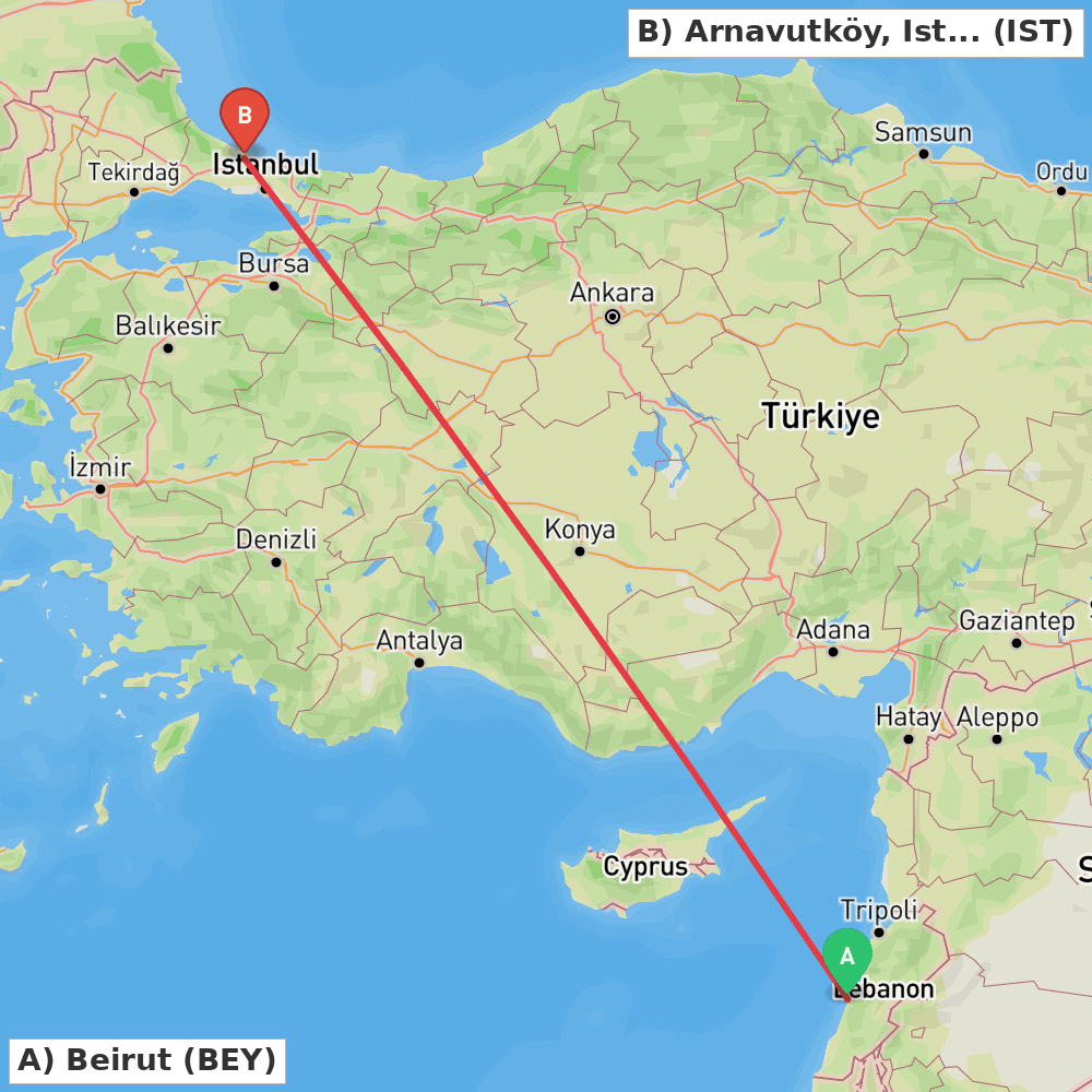 Flight route map from Beirut to Arnavutköy, Istanbul