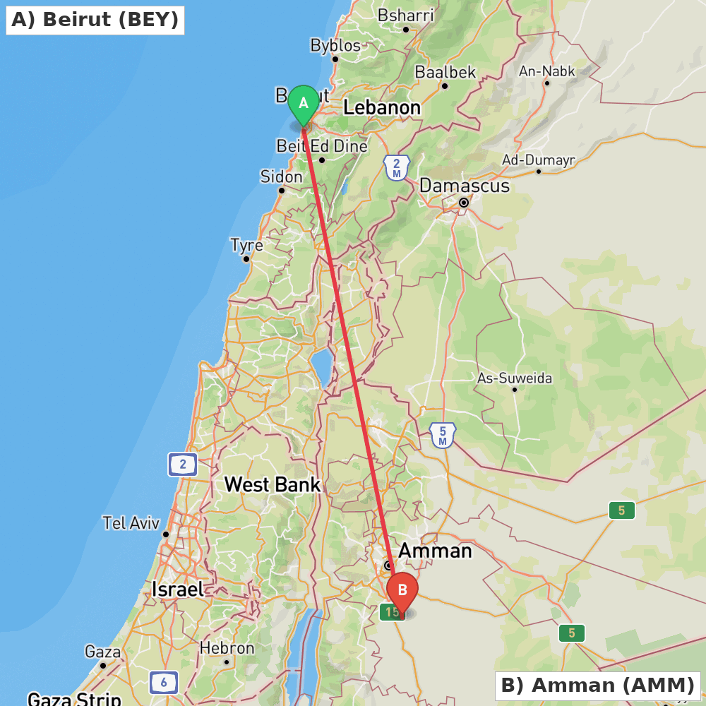Flight route map from Beirut to Amman