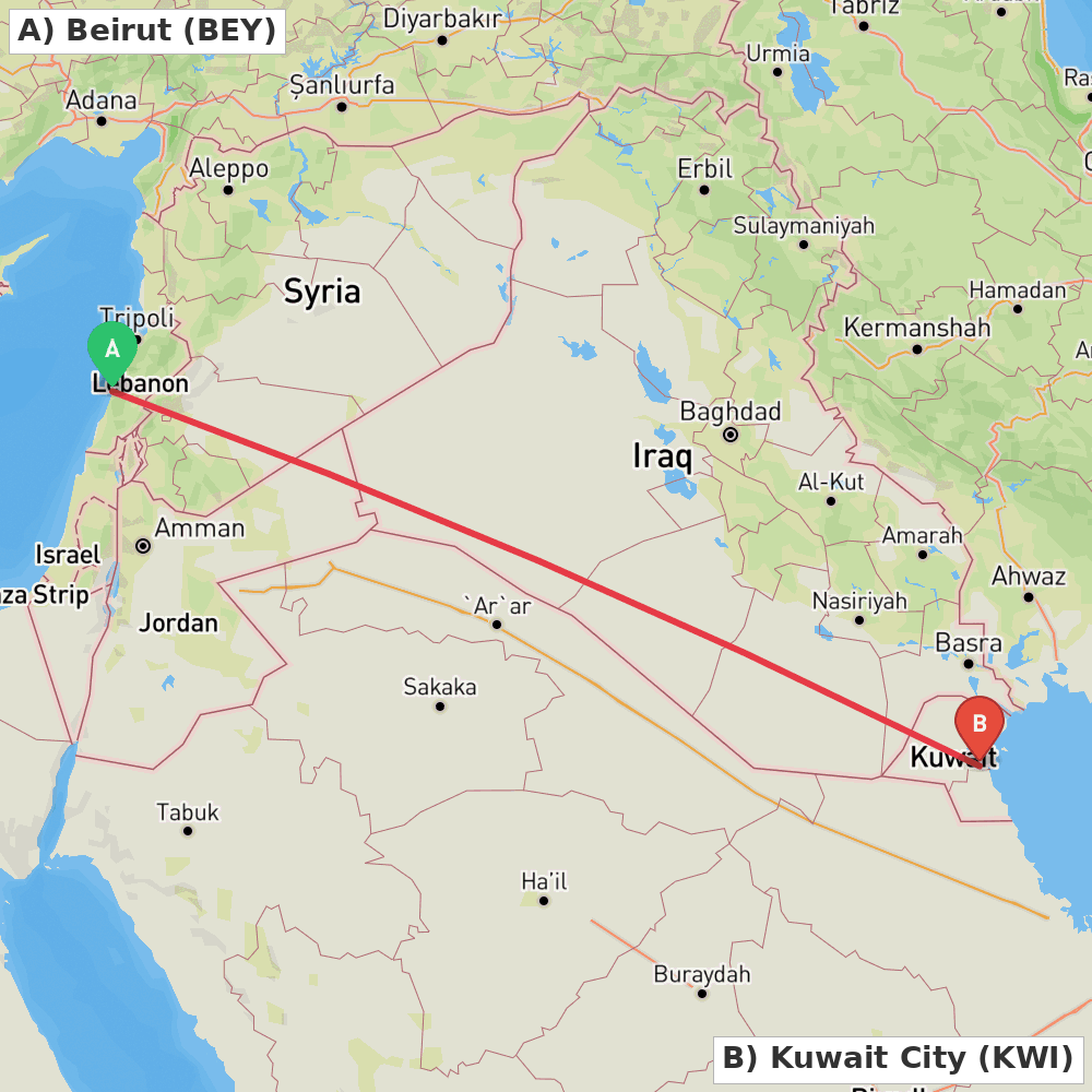 Flight route map from Beirut to Kuwait City