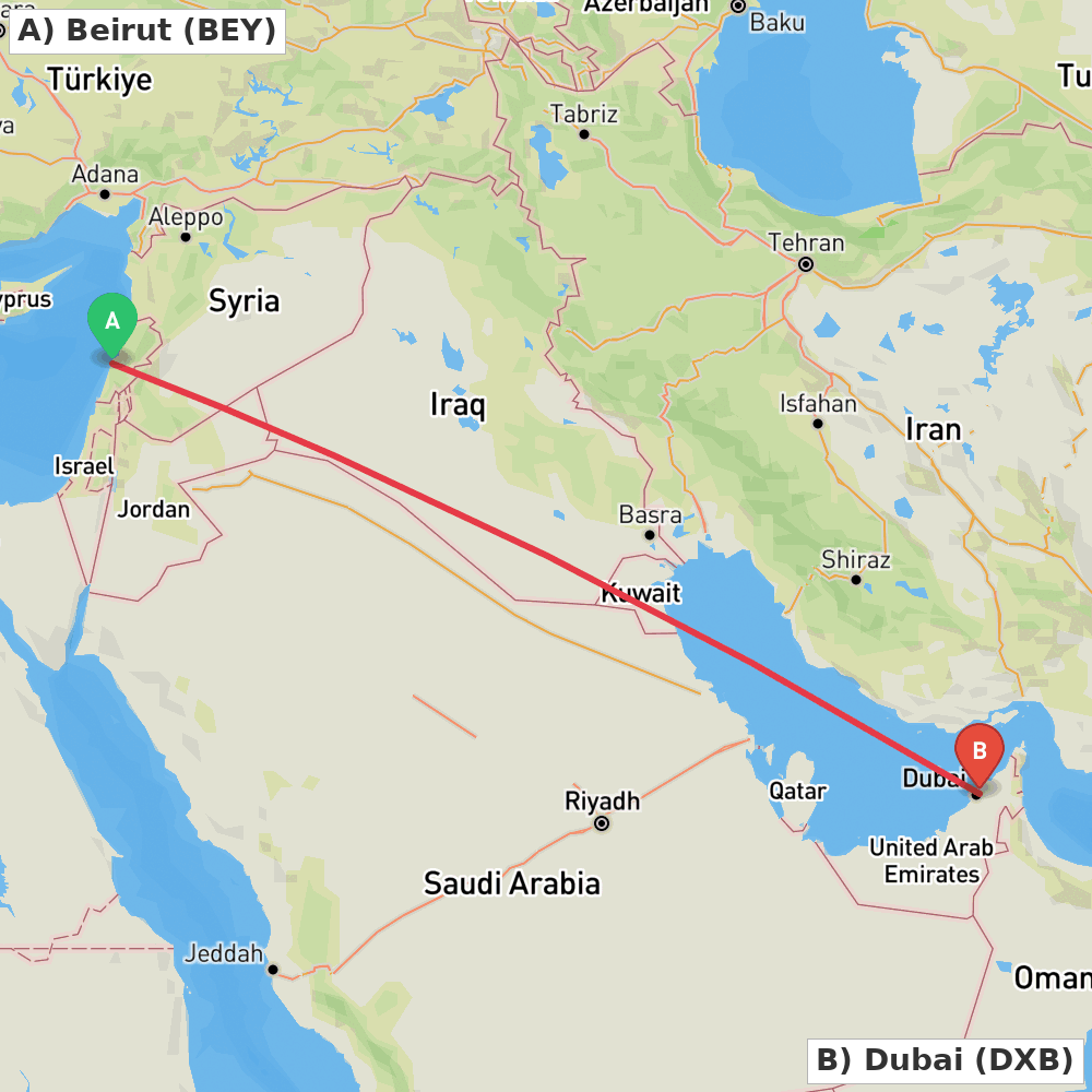 Flight route map from Beirut to Dubai