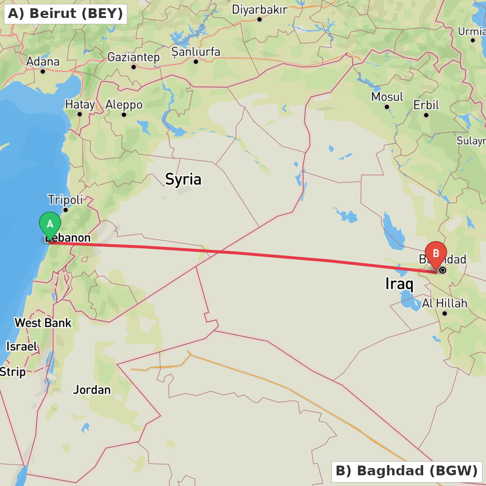 Flight route map from Beirut to Baghdad