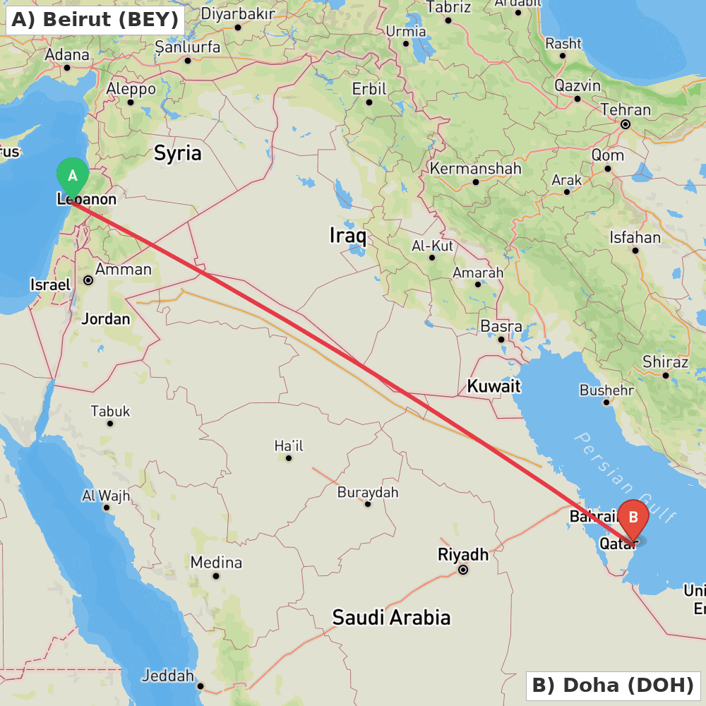 Flight route map from Beirut to Doha