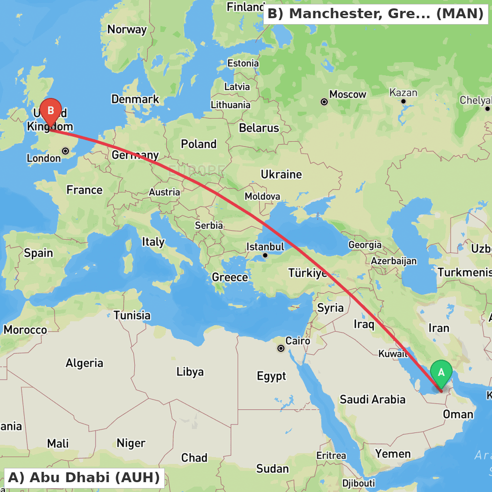 Flight route map from Abu Dhabi to Manchester, Greater Manchester