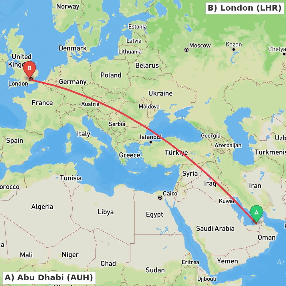 Flight route map from Abu Dhabi to London