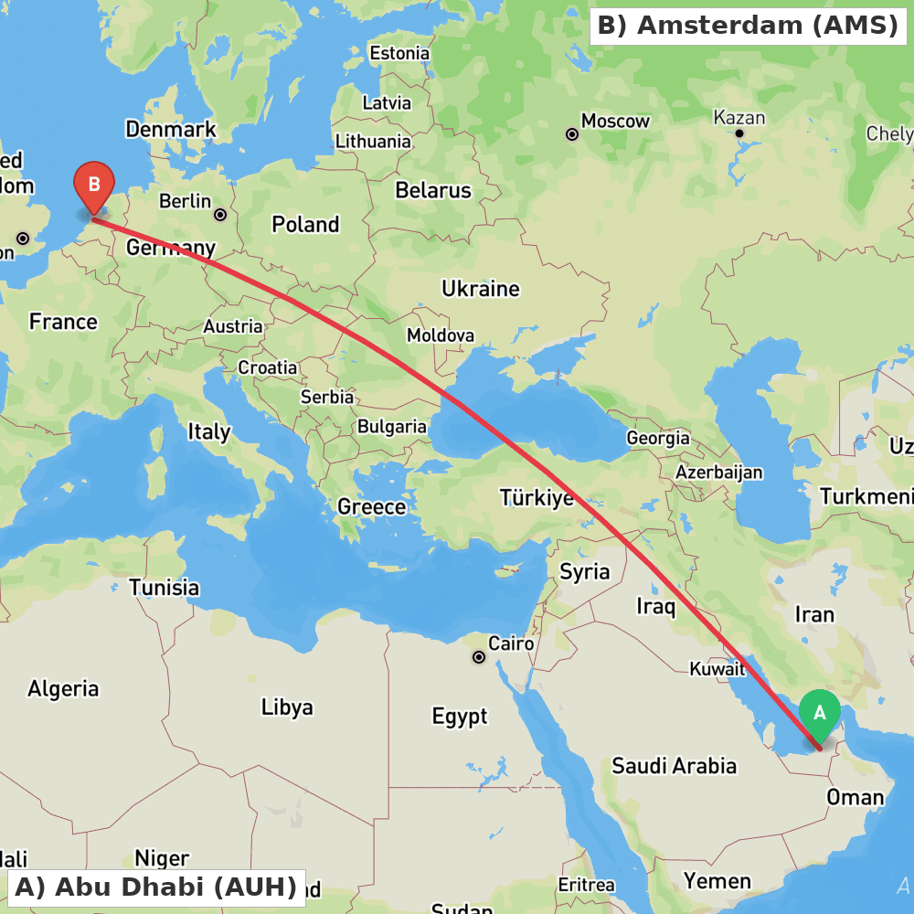 Flight route map from Abu Dhabi to Amsterdam