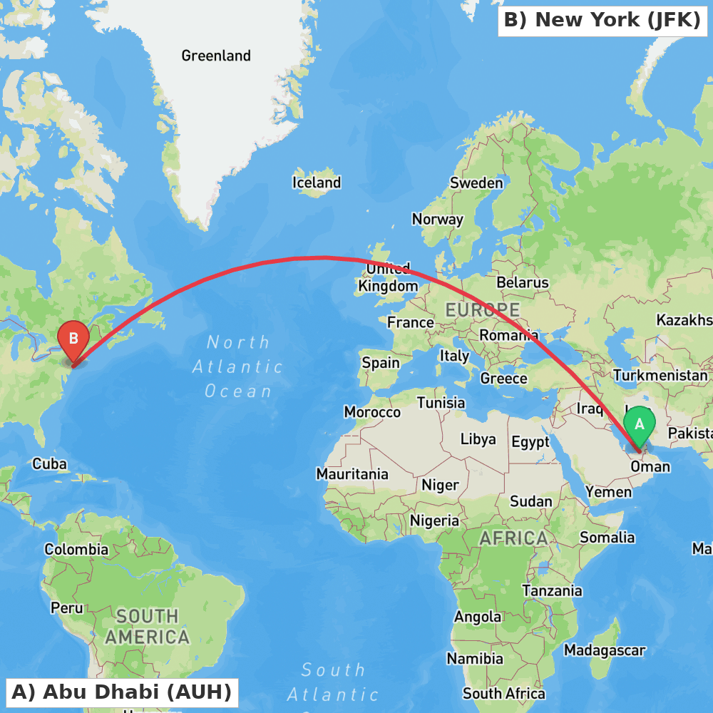 Flight route map from Abu Dhabi to New York
