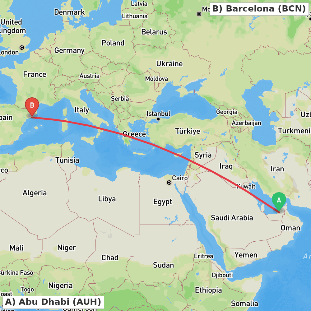 Flight route map from Abu Dhabi to Barcelona