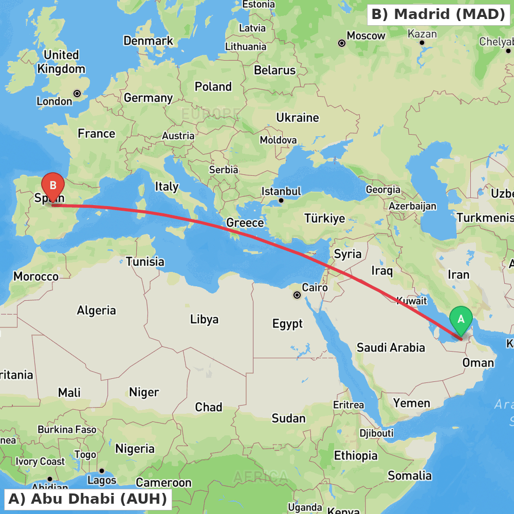 Flight route map from Abu Dhabi to Madrid
