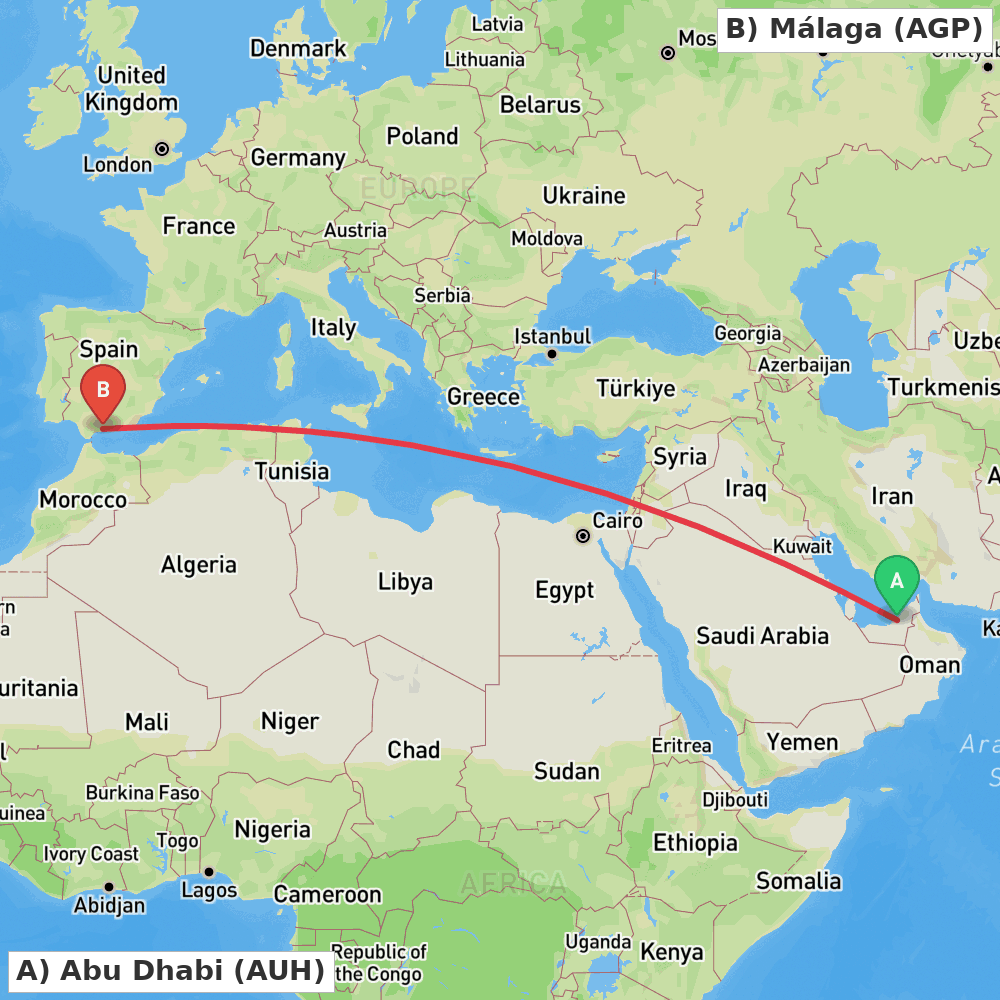 Flight route map from Abu Dhabi to Málaga